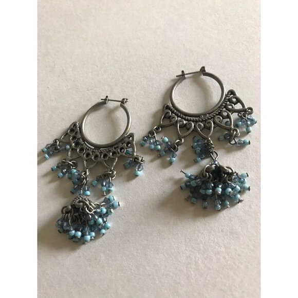 Vintage Circle Heart Mini Blue Beads Pierced Wire Chandelier Dangle Earrings - Picture 8 of 8